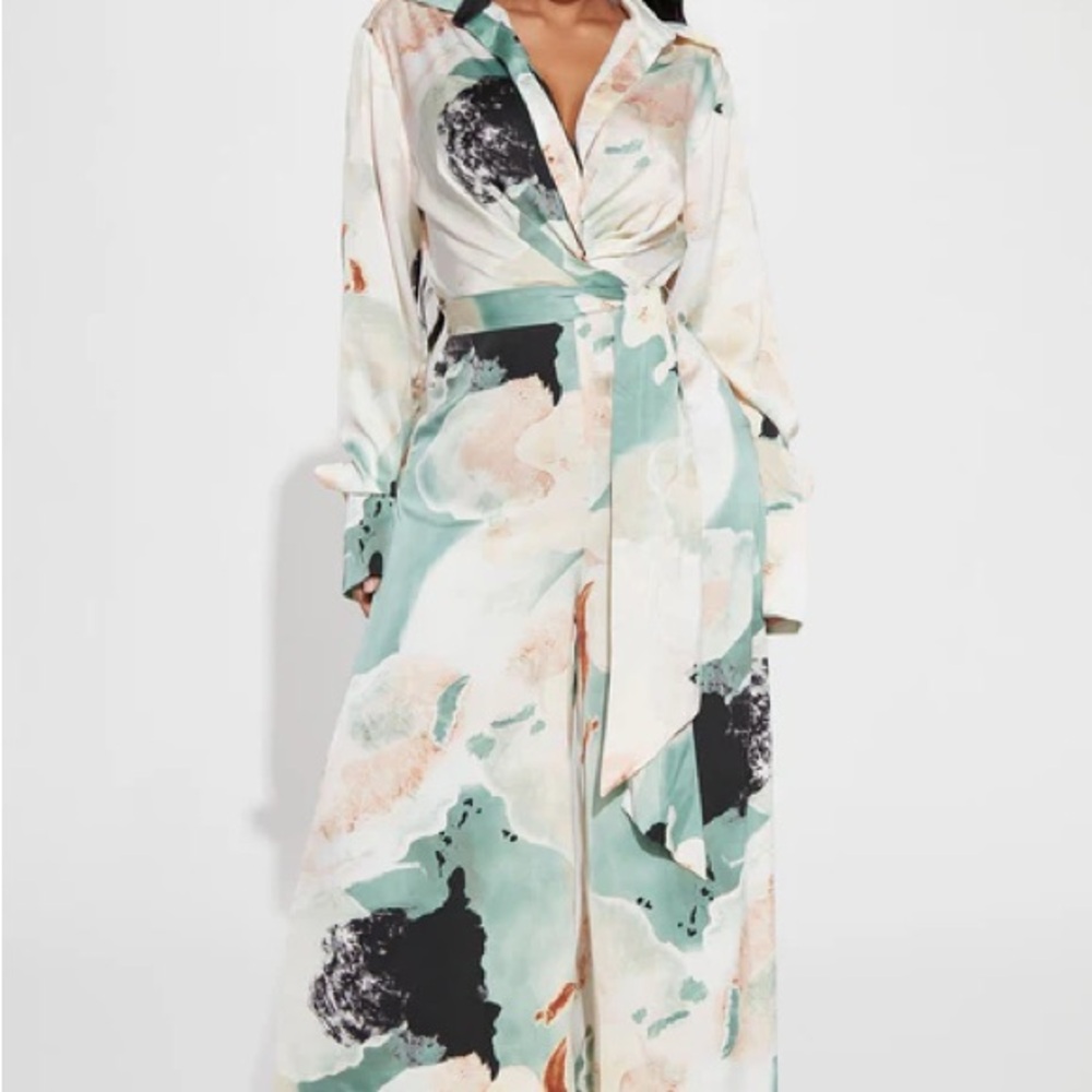 Elegant Satin Wrap Jumpsuit - Green/combo